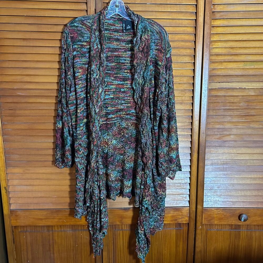 New Directions Woman 2X‎ Cardigan Multi Color Space Dye Chevron Open Front Knit
